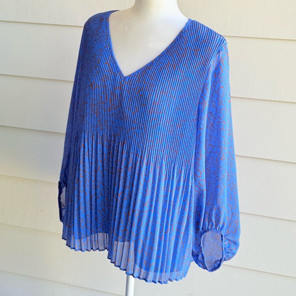 Nine West Pleated Blue 3/4 Sleeve Blouse Size Large - Picture 4 of 9